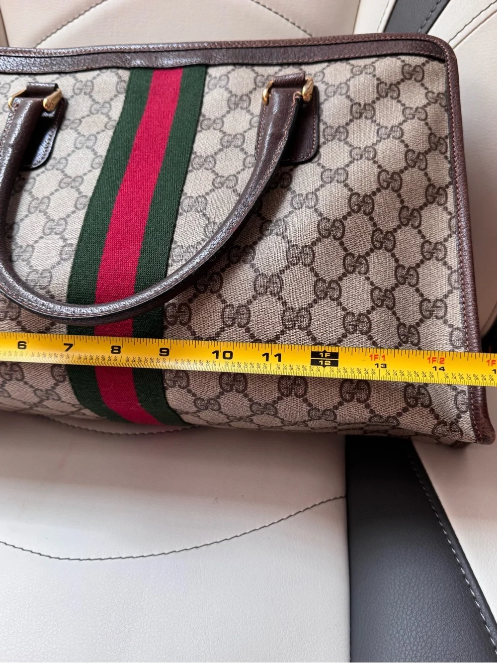 Gucci GG Canvas Briefcase with Green and Red Web Stripe